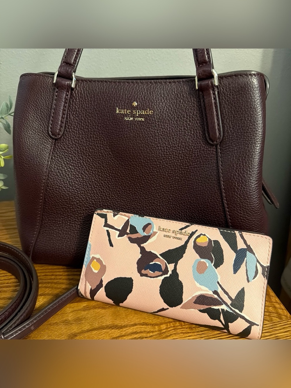NWT kate spade plum leather satchel with floral pink wallet - Picture 2 of 7